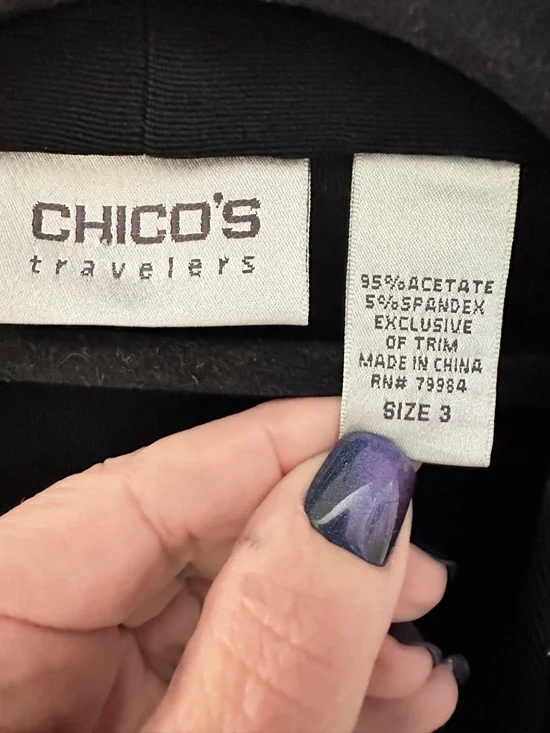 CHICOS TRAVELER XL black open embroidered stretch classic coastal comfort blazer - Picture 3 of 9